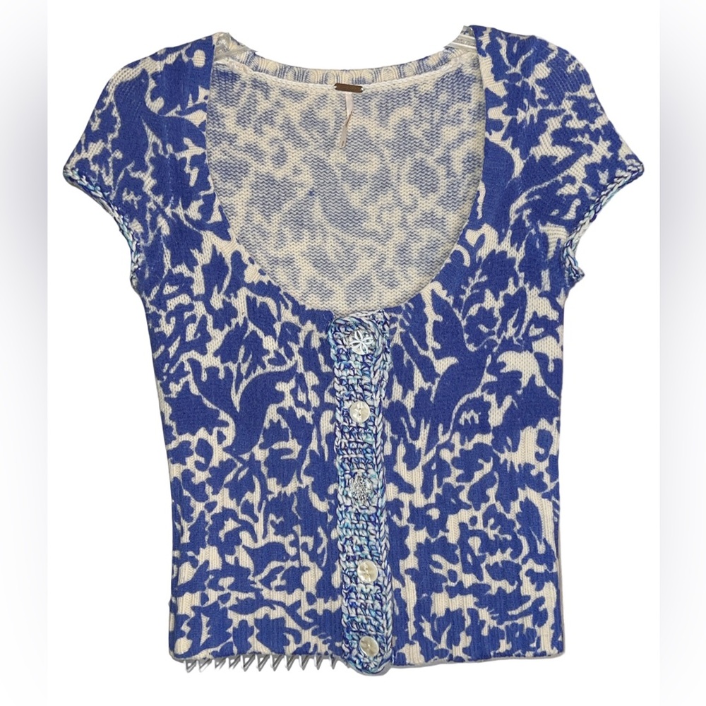 Free People Blue Ivory Cream Wool Blend Rabbit Hair Bird Leaf Cardigan Small